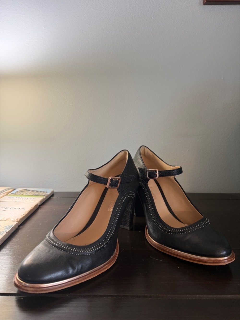 Clarks Black Mary Jane Heels rose gold trim with Ankle Strap